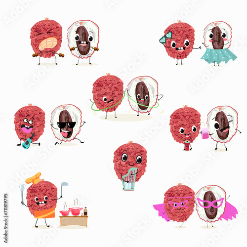 Cute cartoon lychee character set, collection. Flat vector illustration. Activities, playing musical instruments, sports, funny fruits.