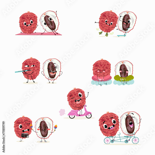 Cute cartoon lychee character set, collection. Flat vector illustration. Activities, playing musical instruments, sports, funny fruits.