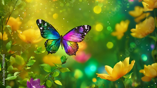 Butterflies flying around with green blurred bokeh background. Summer and spring concept with copy space.