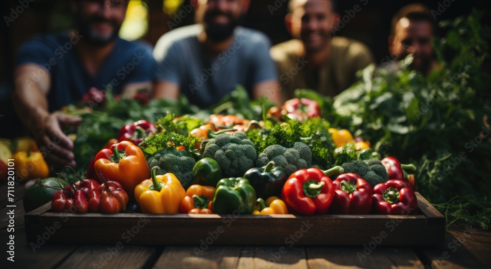 A diverse group of individuals gather around a rustic table, surrounded by an abundance of fresh, locally-sourced vegetables and fruits, discussing the benefits of natural, whole foods and the import