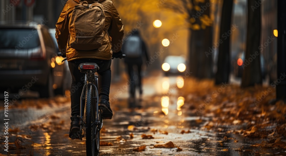 A lone figure braves the rain on their trusty bicycle, the slick street and glowing city lights creating a mesmerizing backdrop for their nighttime journey