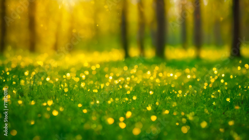 Blurred green grass meadow with yellow flowers and trees in the background. Summer or spring concept with copy space.