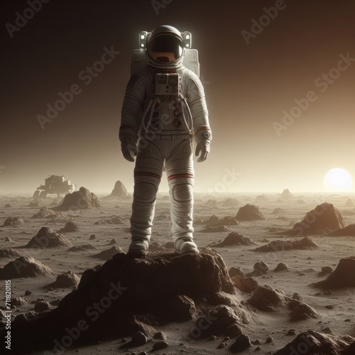 A lonely astronaut standing on the surface of another planet.