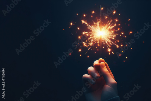 Sparkler in hand on dark background. Space for text.