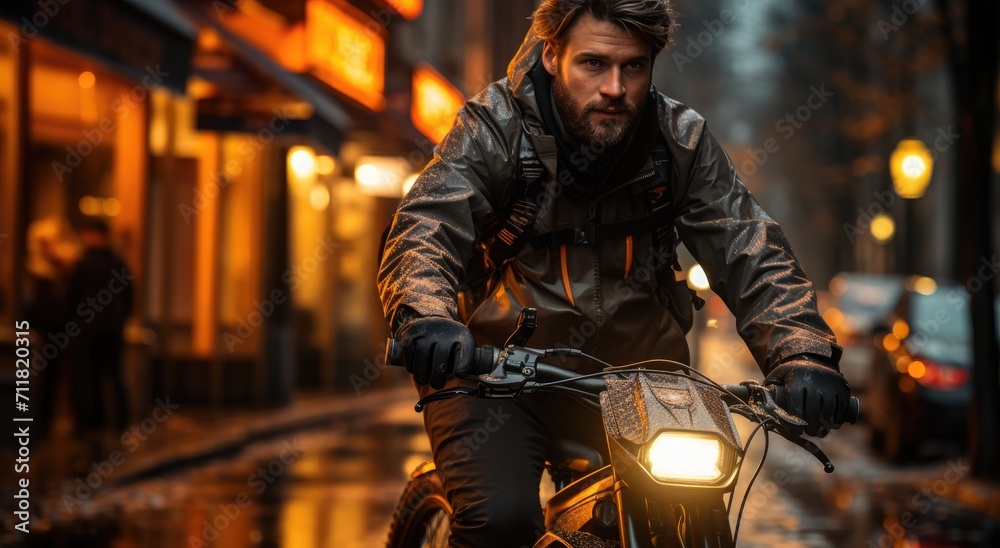 A rugged man, clad in a leather jacket and riding a sleek motorcycle, speeds through the city streets at night, his determined face illuminated by the lights of the buildings as he navigates the urba