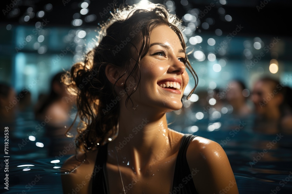 A joyous woman basks in the refreshing embrace of a crystal clear pool, her radiant smile a reflection of her carefree spirit and love for the great outdoors