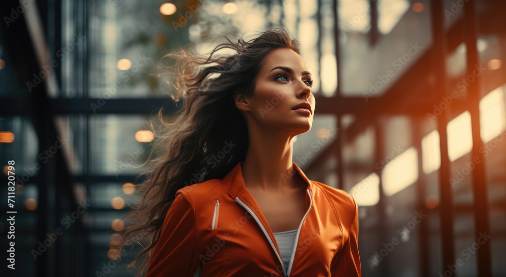An elegant lady with long brown hair stands confidently on the street ...