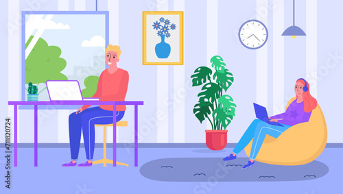Young man sitting at desk with laptop and woman on bean bag with laptop in modern office. Casual work environment  cooperative workspace. Freelancers sharing office space vector illustration.