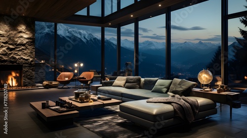 An elegant interior with a minimalistic design, featuring a fireplace and expansive views of snowy mountains © mashimara