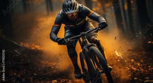 A daring cyclist dons his helmet and prepares to conquer the night, his trusty bike propelling him forward through the darkness as he embraces the thrill of freeride racing © familymedia