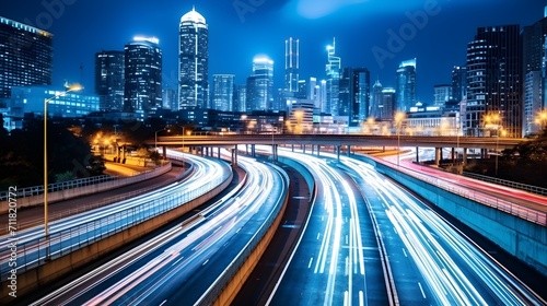 Long exposure of a bustling cityscape at night, with streaks of traffic lights and illuminated skyscrapers