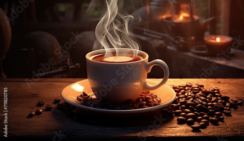 coffee mug beautiful steam with coffee beans