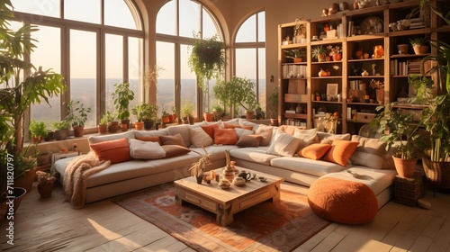 Warm sunlight filters through large arched windows into a cozy living room adorned with plants and rustic decor