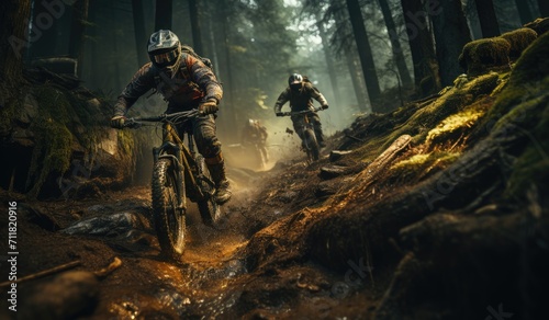 A band of adventurers navigates the winding trails of the forest on their mountain bikes, the rhythmic hum of their wheels echoing through the trees as they seek the ultimate thrill of freeride trans © familymedia
