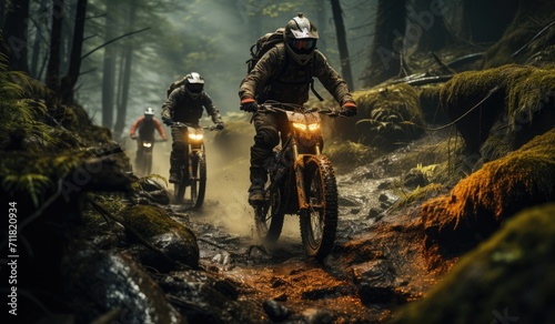 A band of adrenaline-fueled riders traverse through the rugged terrain of the forest, their trusty motorcycles roaring beneath them as they embrace the freedom and thrill of offroading