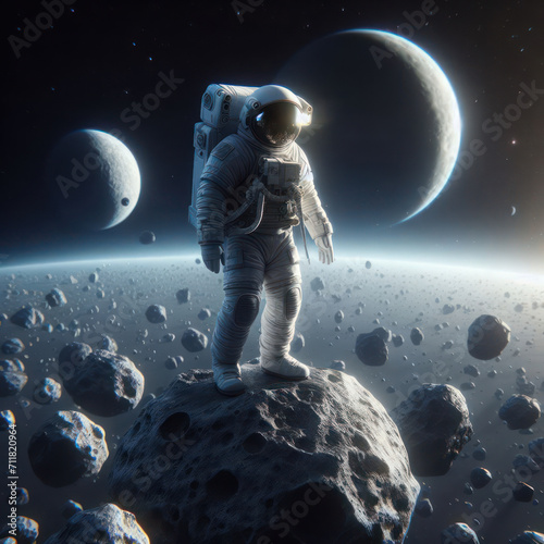 An astronaut standing on an asteroid among other debris.