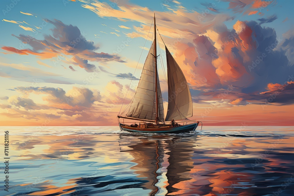 A majestic sailboat glides through the calm waters, its tall mast reaching towards the sky as the sun sets in a stunning display of colors, reflecting off the tranquil ocean surface and casting a dre