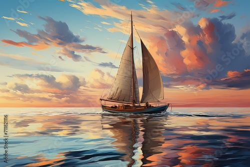 A majestic sailboat glides through the calm waters, its tall mast reaching towards the sky as the sun sets in a stunning display of colors, reflecting off the tranquil ocean surface and casting a dre photo