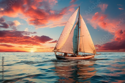 Silently gliding across the shimmering ocean, a majestic sailboat harnesses the power of the wind as the fiery sunset paints the sky with vibrant hues, its towering mast standing tall against a backd