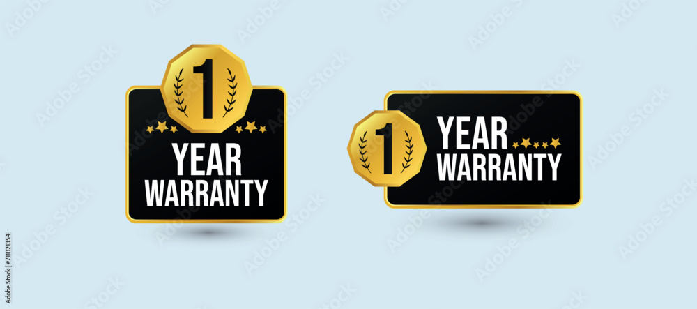 Obraz premium One year Warranty. Two different designs of 1 year warranty stamp, badge, label in golden and black colour with light cyan background. Warranty card, stamp, label design vector stock illustration