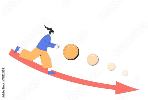 Inflation. Young woman try to save her money. loss of money. Investment fail. Economical finance crisis.