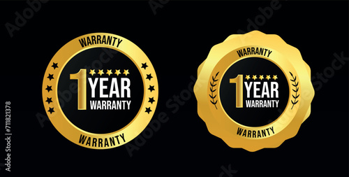 1 year of warranty. one year warranty card with two different labels, stamps, icons design. 1 year warranty labels, stamp designs in golden and black colour. Quality assurance with warranty card.