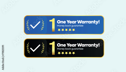 One year Warranty. Two different designs of 1 year warranty stamp, badge, label in golden and black and blue colour with light cyan background. Warranty card, stamp, label design, concept. 