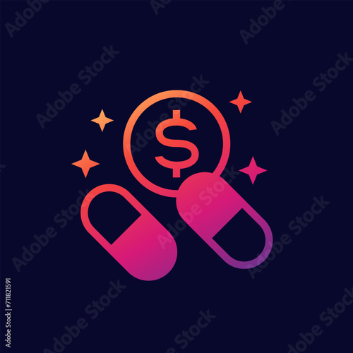medication cost icon, money and pills vector