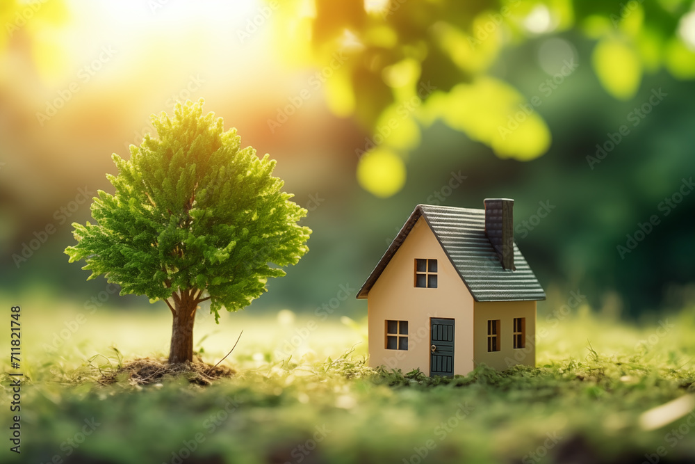 Miniature house on a meadow. A tiny house in forest. Concept of energy saving with modern technology. Real estate business, new homes and mortgages Miniature house on a meadow. A tiny house in forest. Concept of energy saving with modern technology. Real estate business, new homes and mortgages