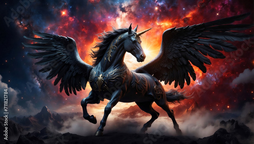 A black Pegasus with a golden horn