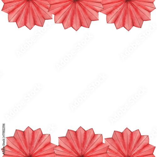 Frame of Chinese fans painted in watercolors. Red pleated fans at top and bottom. Suitable for printing on fabric and paper, for cards and invitations, for decoration.