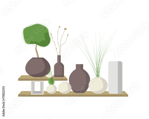 interior element object flat vase spring flowers tropical graphic vector. vase plant floral modern design house room decor apartment background leaves. interior idea style cozy living table isolated.
