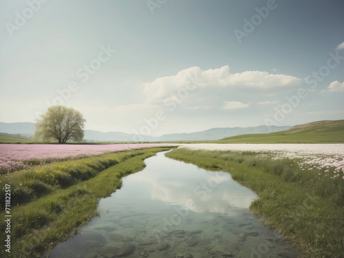 spring relaxation calming nature background  minimalistic landscape with pastel delicate