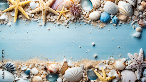 frame of pebbles and sea shells with blue background