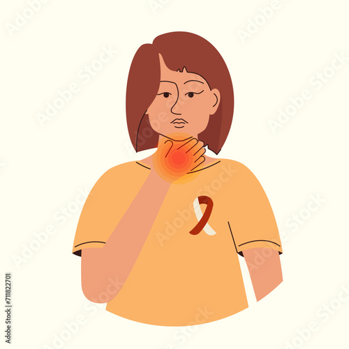 Sad woman with thyroid gland disease. Throat cancer illustration female character.