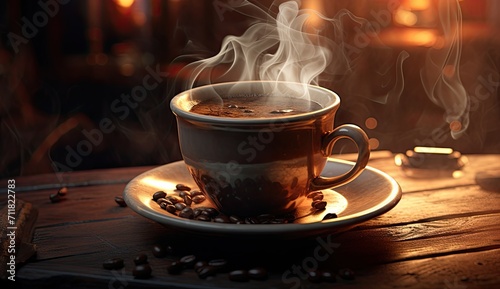 coffee mug beautiful steam with coffee beans