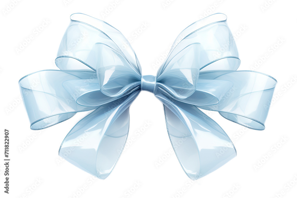 festive weightless blue bow and ribbon on a transparent background for gift box packaging, top view.