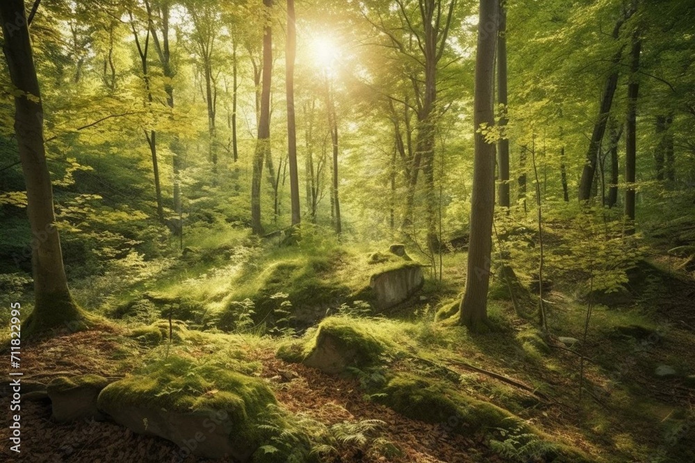 A beautiful scene of vibrant green forest illuminated by warm sunlight. Generative AI