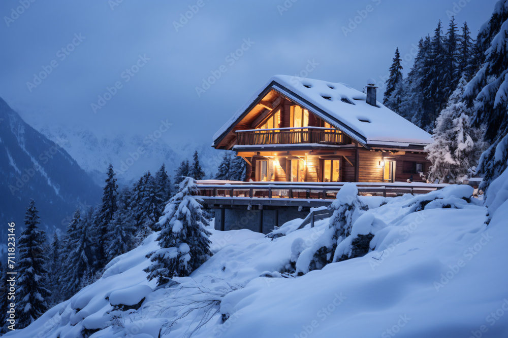 beautiful mountain chalet in the alps on a snowy evening, in the style of large-scale


