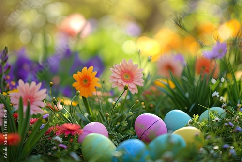 A colorful Easter egg hunt in a garden filled with blooming flowers