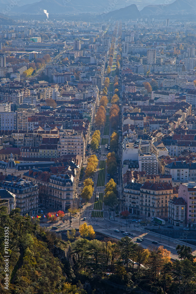 GRENOBLE, FRANCE, November 29, 2023 : Grenoble city center boulevards as seen from the hill of La Bastille