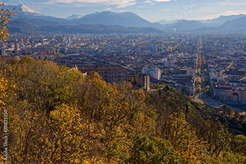 Fototapeta Naklejka Na Ścianę i Meble -  GRENOBLE, FRANCE, November 29, 2023 : Grenoble city center boulevards as seen from the hill of La Bastille
