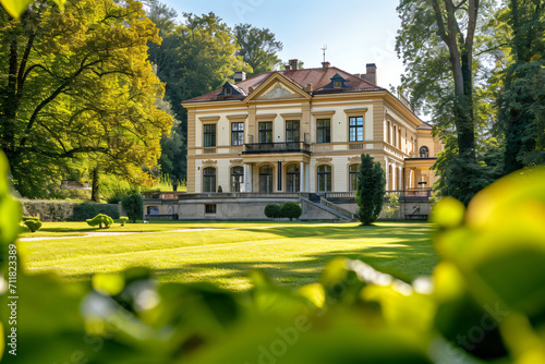 Jugendstil Villa with Perfectly Manicured Park, Detail Shot, Brightly Renovated Facade