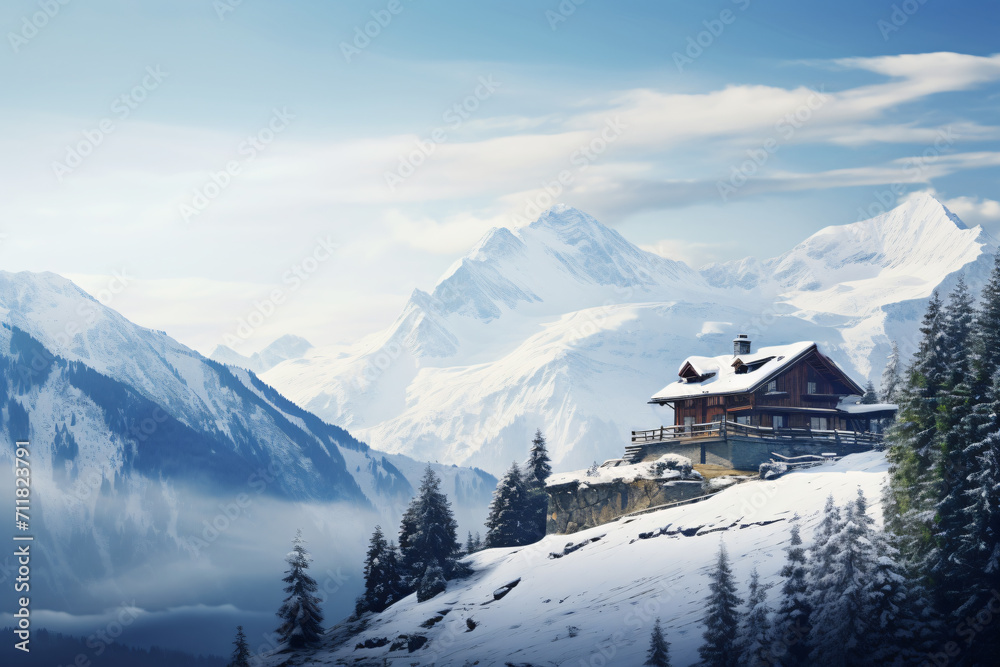 snowy log cabin in snowy mountain winter landscape, in the style of historical, landscape-focused


