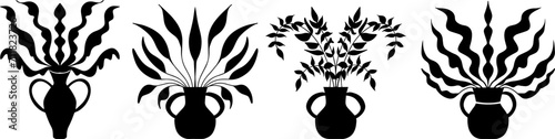 Decorative vase with leaves set. Black silhouette. Vector illustration 