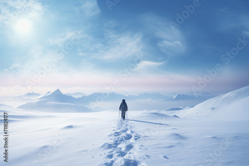 an individual in the snow in winter time, in the style of photo-realistic landscapes, hikecore