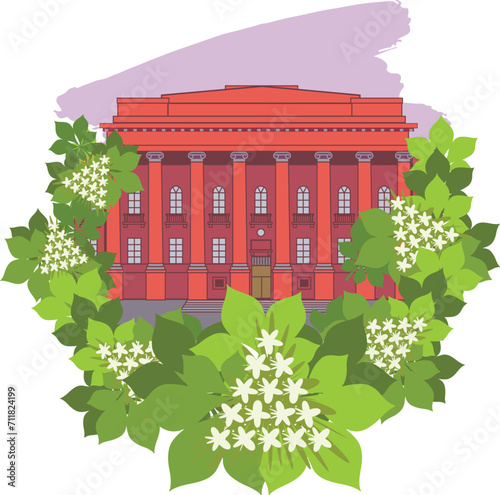View of Kyiv University and flowering chestnuts. Symbols of Kyiv. Vector drawing