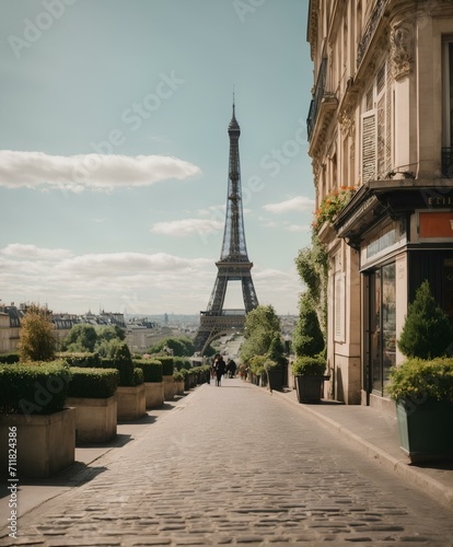 Convenient shot of Eiffel Tower from a narrow Paris lane.
