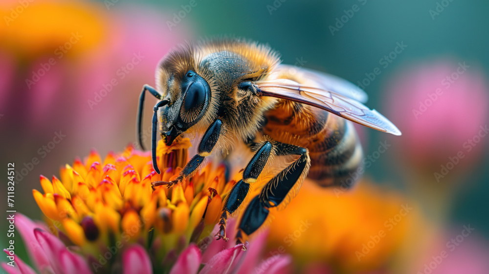 Fototapeta premium a close-up of a bee hovering over a flower Ai generative