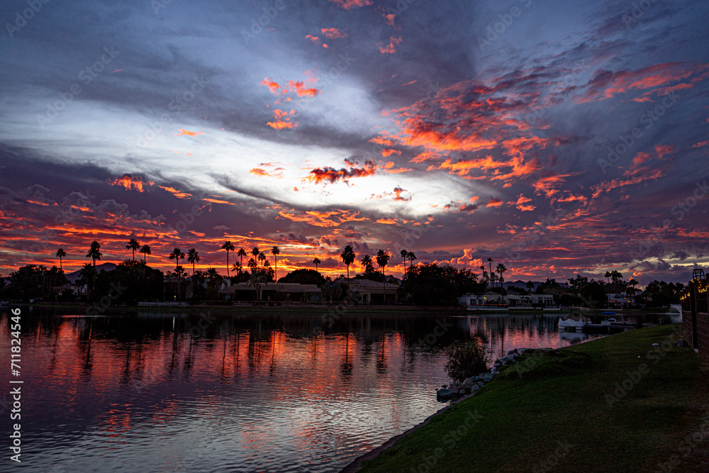 A beautiful sunset over a lake in Scottsdale, Arizona